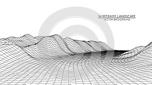 Abstract digital landscape with stars on horizon. Wireframe landscape background. Big Data. 80s Retro Sci-Fi Background