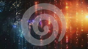 Digital Data Stream Background with Binary Code Falling and Glowing Particles
