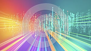 Vibrant Rainbow Streaks and Glowing Binary Code in Abstract Digital Landscape