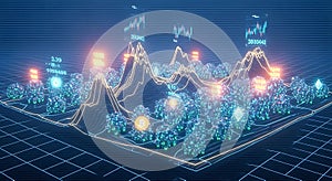 Abstract digital landscape visualizing cryptocurrency market trends with charts and data