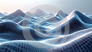 Abstract Digital Landscape - Wavy Grid Surface with Blue Light