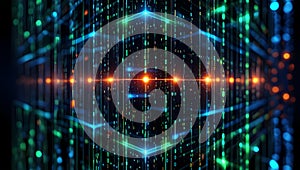Abstract Digital Matrix of Binary Code and Glowing Geometric Shapes technology data