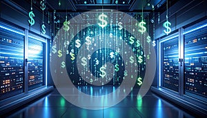 Abstract Digital Matrix with Falling Binary Code and Dollar Signs. Economy Concept. Generated Image