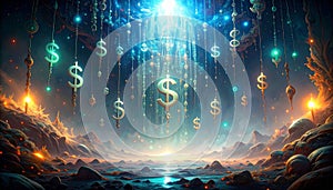 Abstract Digital Matrix with Falling Binary Code and Dollar Signs. Economy Concept. Generated Image