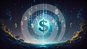 Abstract Digital Matrix with Falling Binary Code and Dollar Signs. Economy Concept. Generated Image