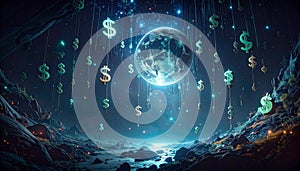 Abstract Digital Matrix with Falling Binary Code and Dollar Signs. Economy Concept. Generated Image