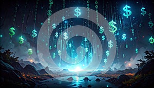 Abstract Digital Matrix with Falling Binary Code and Dollar Signs. Economy Concept. Generated Image