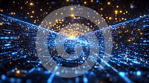 Abstract Digital Matrix with Glowing Blue and Orange Particles Evoking a Futuristic Data Stream