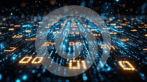 Abstract Digital Matrix with Glowing Data Streams and Floating Binary Code on Dark Background