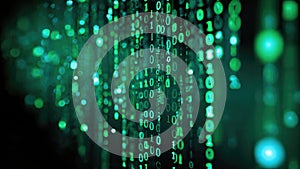 Abstract digital matrix of glowing green binary code on black background