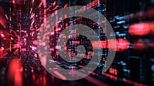 Abstract digital matrix with red binary code and glowing lines
