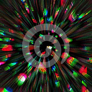 Abstract digital motion glitch lines explosion parts with glowing lights on dark background. Techno psychedelic screen