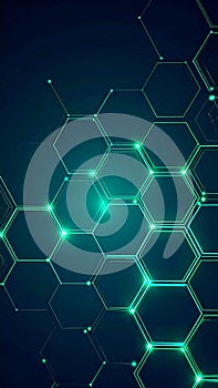 Abstract digital network background with glowing hexagon shapes and lines, futuristic technology design.