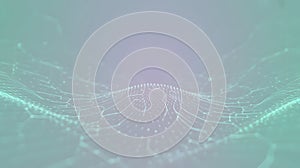 Abstract Digital Network Background with Glowing Interconnected Lines and Dots on a Wavy Gradient Surface, Representing Data Flow