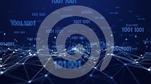 Abstract digital network of binary code and glowing nodes 0s and 1s data