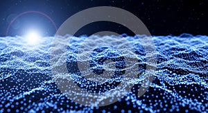 Abstract Digital Network of Blue Glowing Particles and Lines on a Dark Background technology data