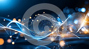 A Illustration of Abstract Digital Network with Blue and Gold Dots Connection in Dark