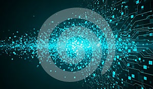 Abstract digital network bursting with bright cyan light and data streams