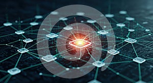 Abstract digital network with central glowing node data connection technology concept