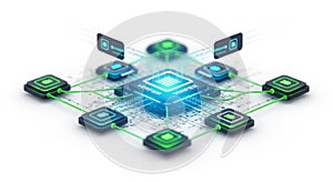 Abstract digital network with central processing unit and connected nodes