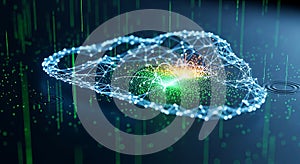 Abstract digital network cloud shape with glowing particles and green data streams 74