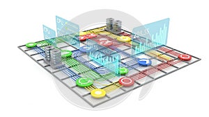 Abstract digital network with data flow and processing units on white technology