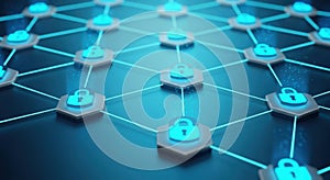 Abstract digital network connected nodes with glowing blue lights and secure padlocks