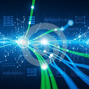 Abstract digital network connections and data streams glowing with blue and green light