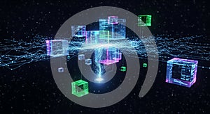 Abstract Digital Network Cubes Connected with Light Trails and Data Flow