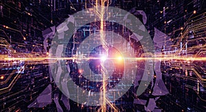 Abstract digital network data flow with bright light burst exploding outward