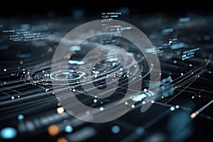 Abstract digital network data flow glowing lines and code