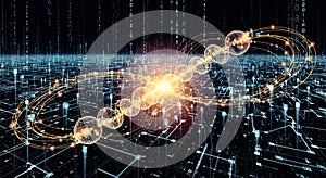 Abstract Digital Network Data Flow with Glowing Spheres and Binary Code