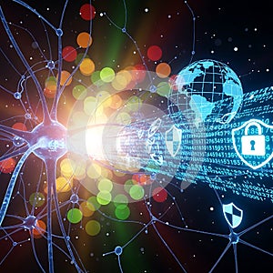 Abstract digital network data security globe with neural connections concept