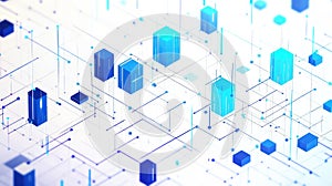 Abstract data network visualization with glowing blue cubes and lines, technology background