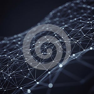 Abstract digital network design featuring a 3D mesh pattern. Thin, interconnected