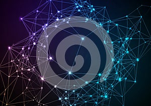 Abstract digital network design featuring interconnected nodes and lines in a circular pattern. The
