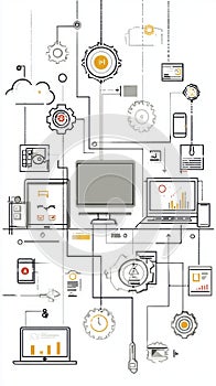 Abstract Digital Network Diagram with Futuristic Technology Elements and Data Visualization