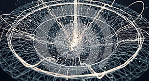 Abstract digital network energy flow and data particles explosion in a grid