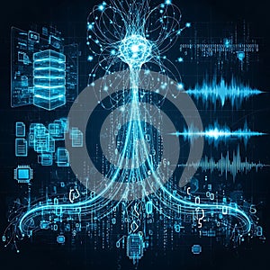 Abstract digital network flow with data streams and waveforms