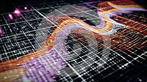 Abstract digital network flow visualization with data points and lines