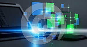 Abstract digital network with glowing blue and green squares and lines