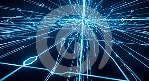 Abstract digital network of glowing blue lines, data transfer, and technological connections