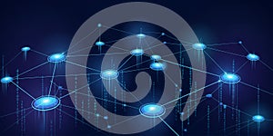 Abstract digital network of glowing blue nodes and binary code on dark blue background