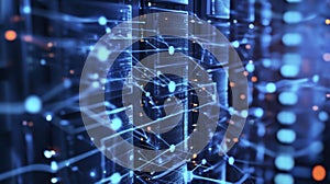 Abstract Blue Digital Network Glowing Nodes and Lines Within Server Rack