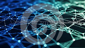 Abstract digital network of glowing blue nodes and lines on dark background