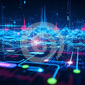 Abstract digital network with glowing blue and pink circuits