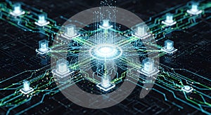 Abstract digital network with glowing central core and outward connections