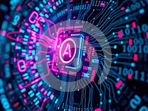 Abstract digital network with glowing circuit board and binary code, created as an AI-generated image