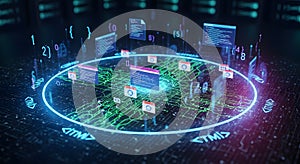 Abstract Digital Network with Glowing Circuits and Data Files