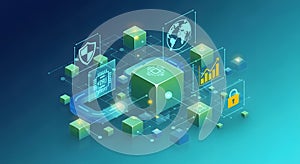 Abstract digital network with glowing cubes and data flow